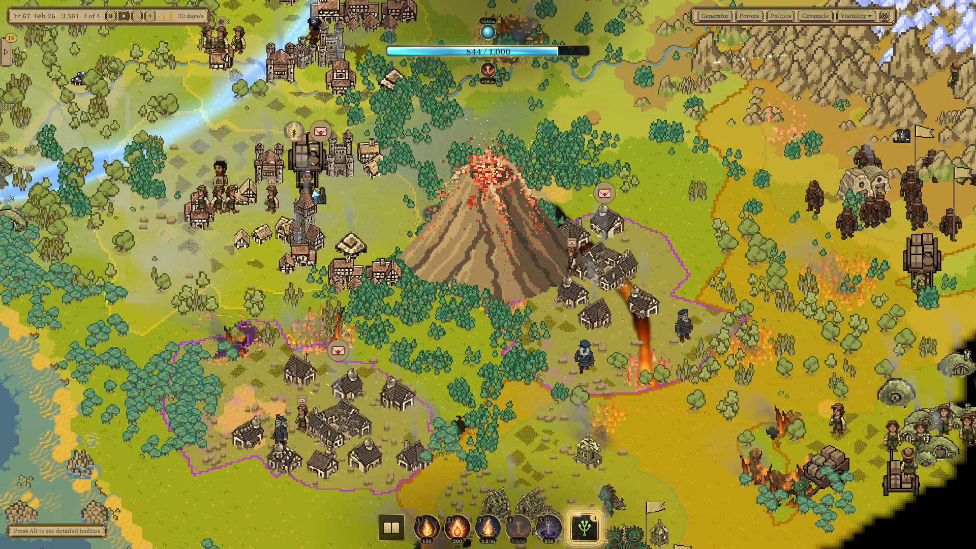 A volcano erupting in Dyneria, lava running downhill into farmland