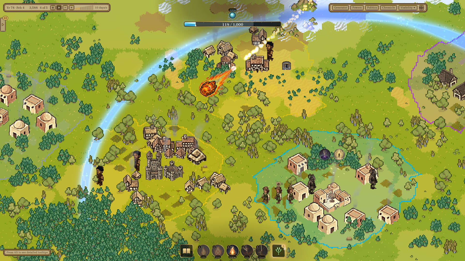 Village clusters in Dyneria, each race building in its own style across grassland and desert