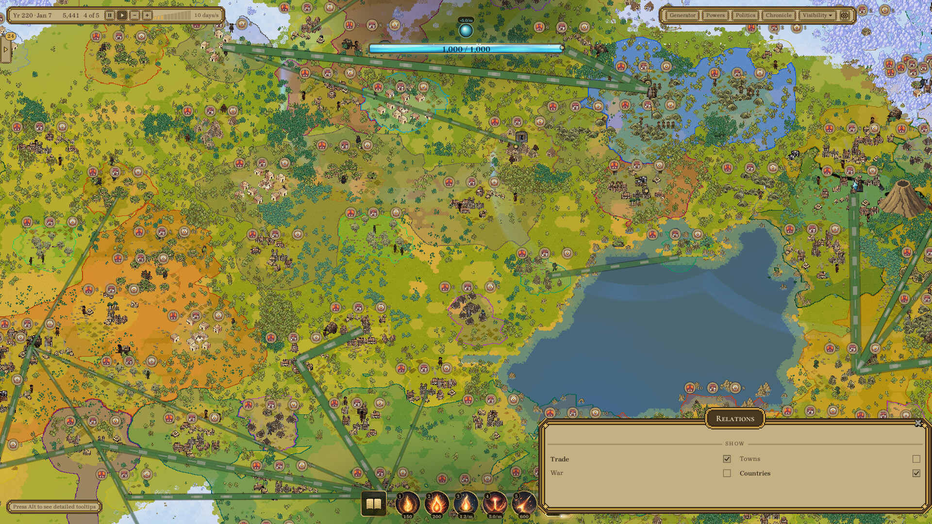 Trade routes drawn as lines across the Dyneria world map, with a reactions panel open